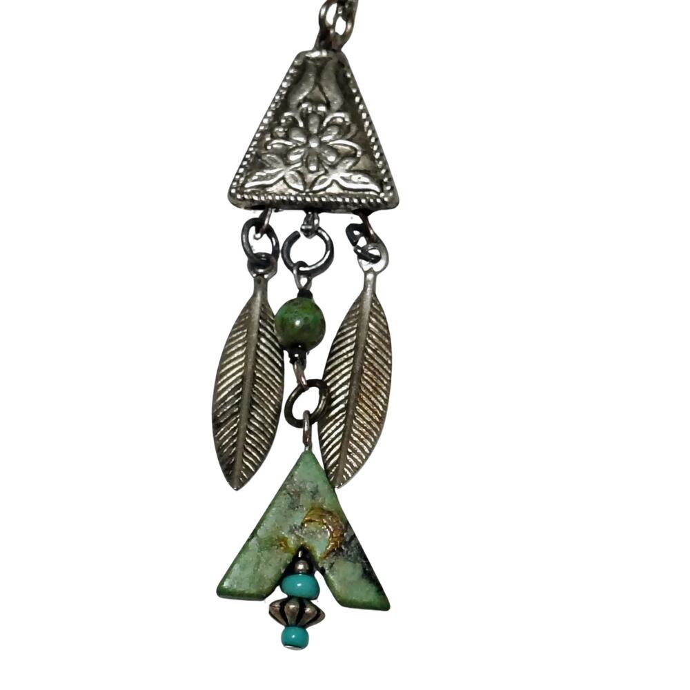 80s Vintage Upcycled Dangling Turquoise Silver Tone Feathers Statement Necklace